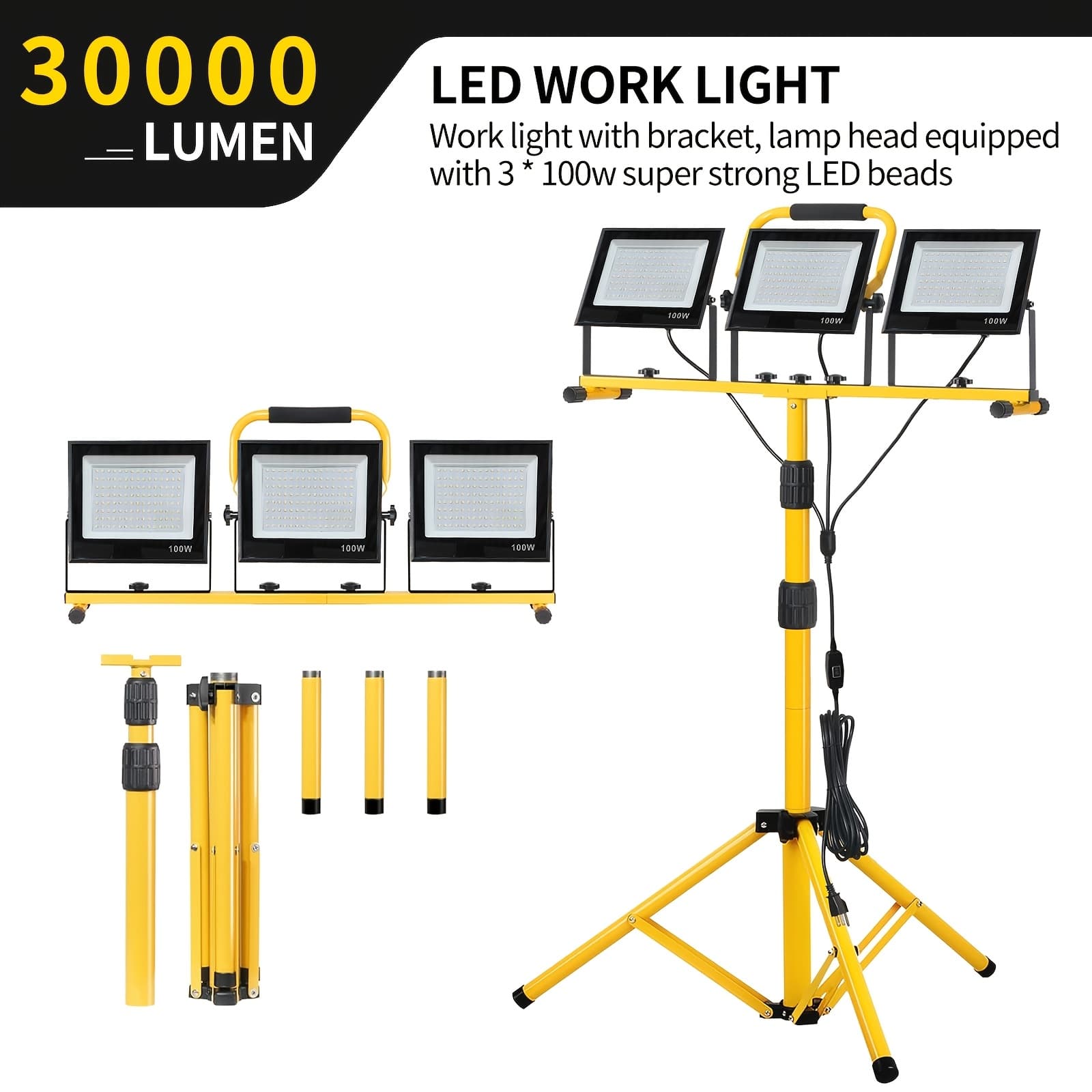 TEMU 30, 000-lm 3-head Led Work Light, 100w Each, With Telescopic Tripod Stand, Portable Lighting, 360° Rotatable, For Outdoor Construction, Garage, Yard