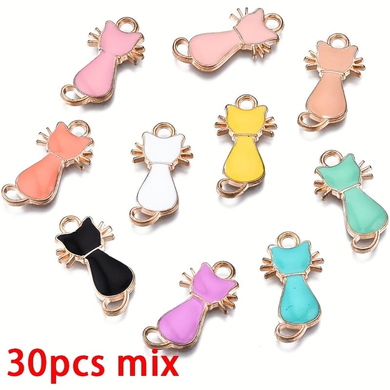 TEMU 30pcs Random Color Enamel Cat Charms | Alloy Cat Pendants With Loop For Jewelry Making, Bohemian Theme, Alloy Material