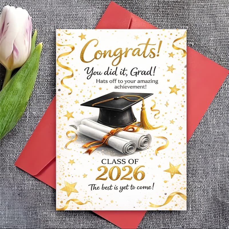 TEMU Class Of 2026 Graduation Season Gift Card And Envelope Set, Designed With Graduation Caps And Diplomas, Suitable As Gifts For Family, , Or Teachers For Graduation Ceremonies Or Parties