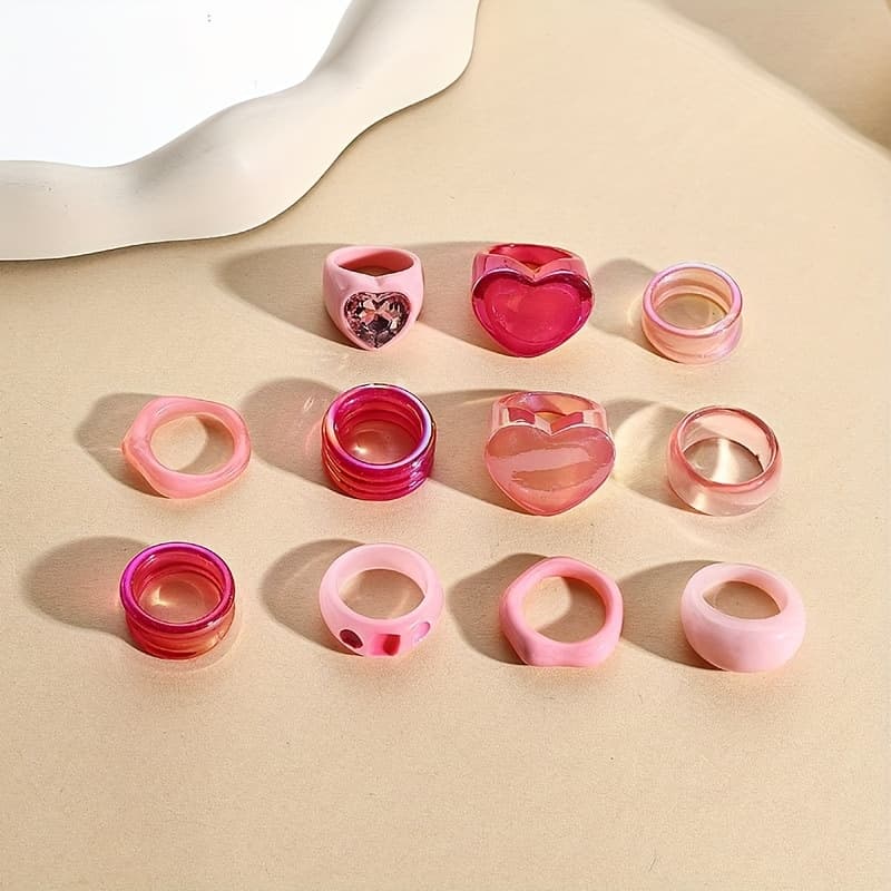 TEMU 11pcs Trendy Pink Cute Fashion Stackable Ring Set, Punk Style Resin Jewelry Gift For Women, Students, S - , Parties, And Travel. And Color Are Normal Due To Handmade
