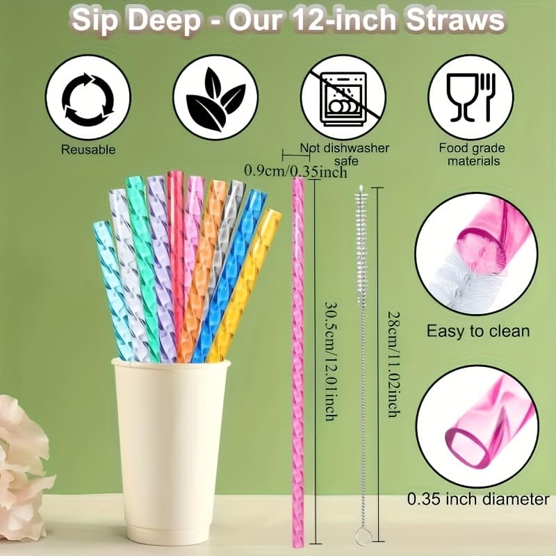 TEMU 6/10pcs/set 12 Inch Reusable Straws | Durable Plastic, Suitable For Stanley Cups, 40/30 Oz Cups, Transparent Wide Mouth, Perfect For Water Bottles And