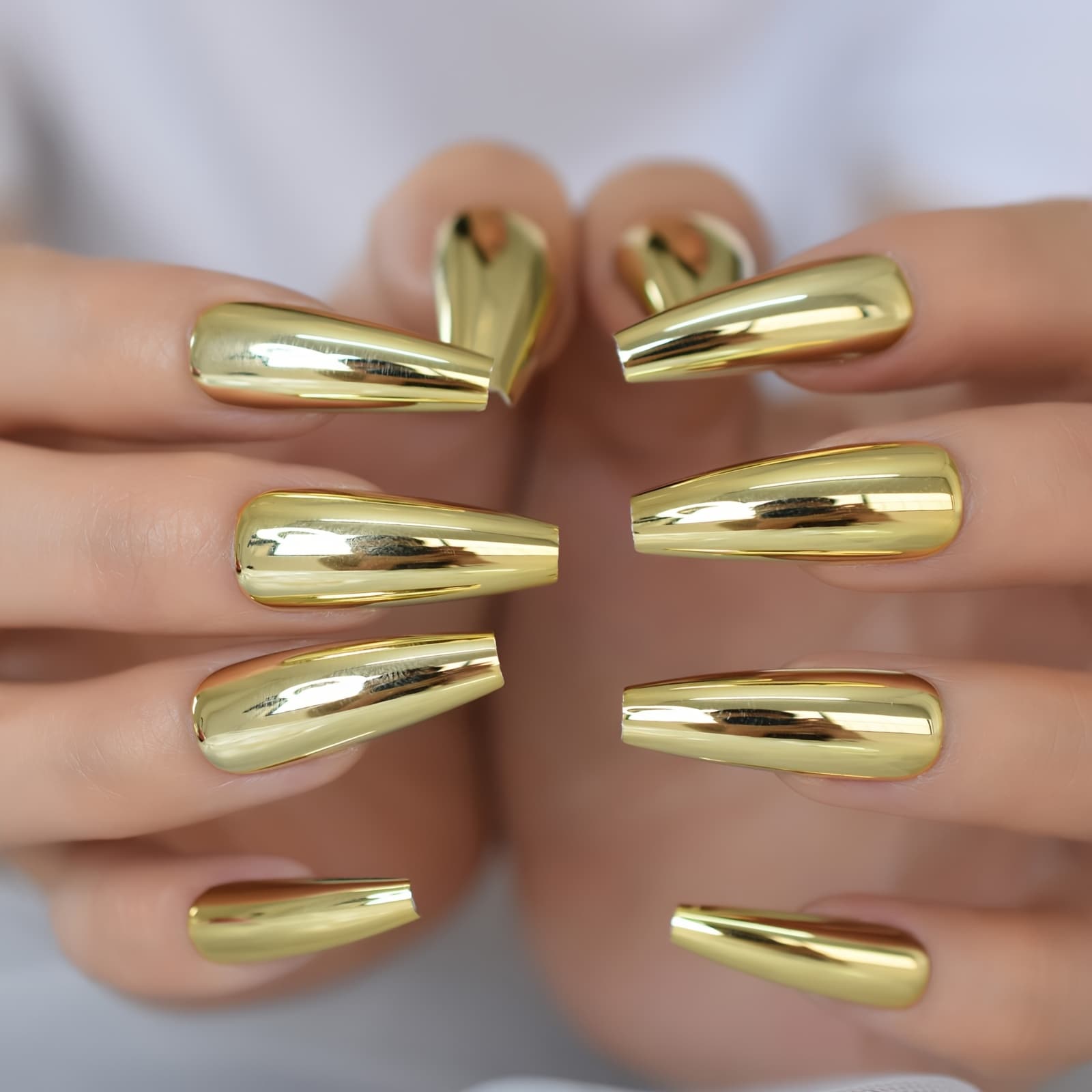TEMU 24 New Elegant And Long Ballet Press-on Nails With Golden Metallic Mirror End, Perfect For Female Who Love Stunning