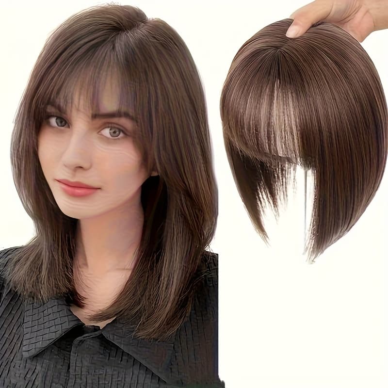 TEMU 9.8in Women's Long Hair With Bangs On Top Of Hair Extension Piece, White Cover-up Device, Women's Top Hair Extension Piece, Women's Hair Volume Increase Top Wig, Women's Lightweight Hair Patch