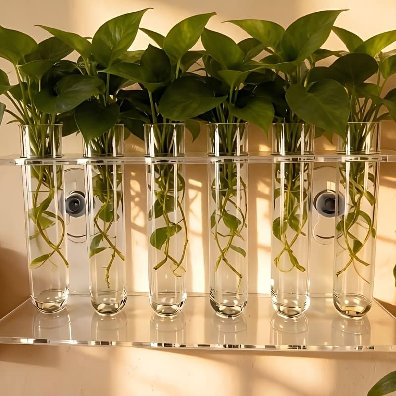 TEMU 6-pack Hydroponic Planter For Indoor Gardeners, Acrylic Transparent Holder With Suction Cups And Tubes, Water Propagation Station For Decor And Plant Display