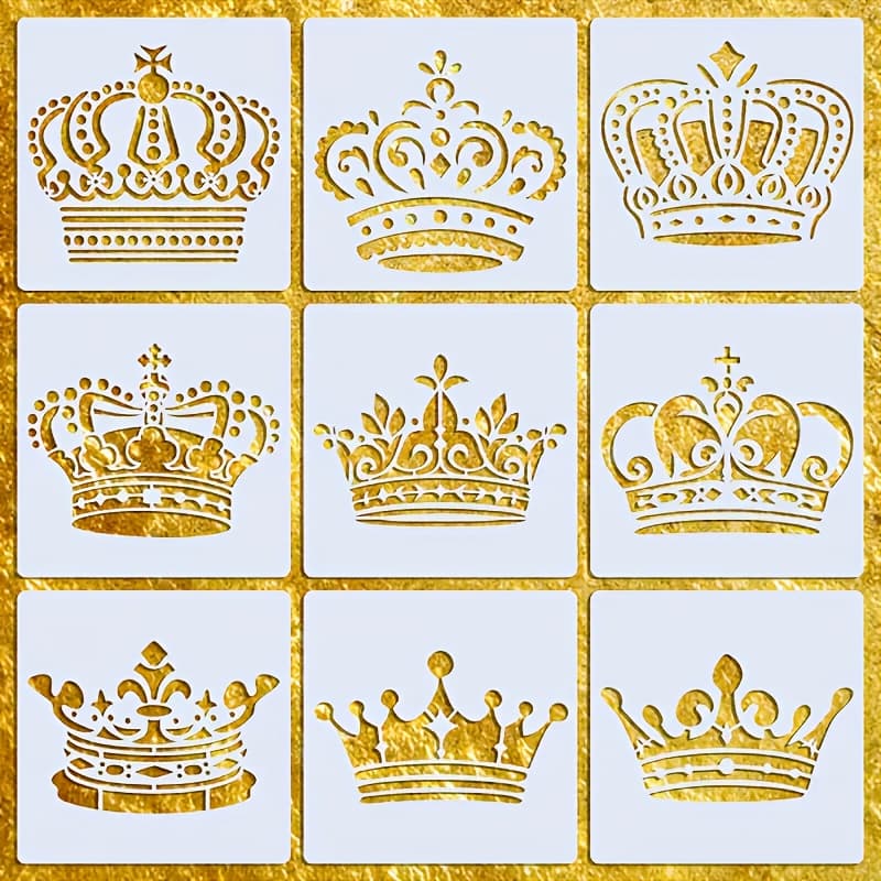 TEMU 9pcs Crown Stencil Templates, 5.12x5.12 Inch Reusable Painting Molds, For Wall, Picture Frame, Fabric, Furniture Art Painting, Craft Supplies
