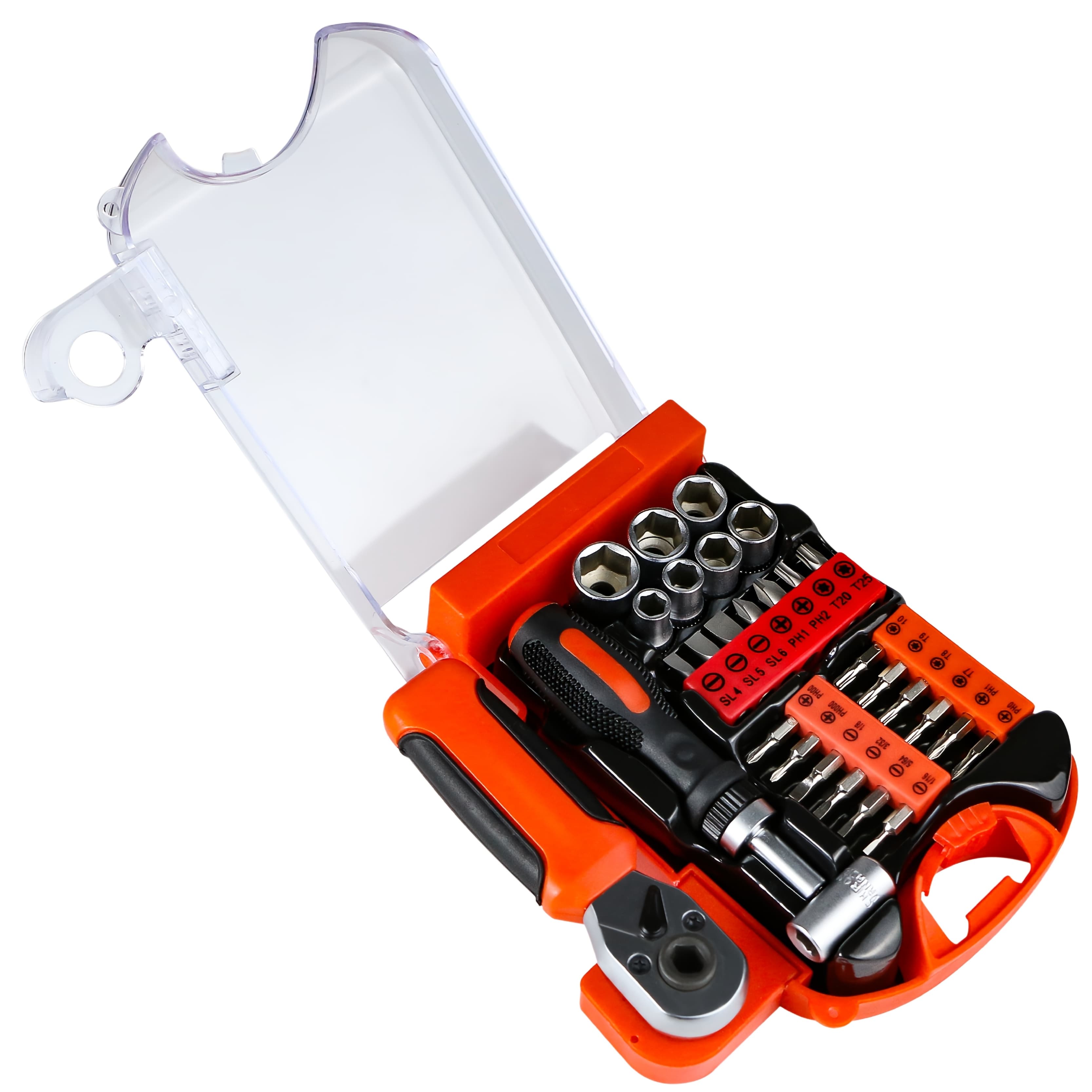 TEMU Amm Ratcheting Screwdriver Set With Case, Includes Mini Screwdriver Bits, 1/4" Drive Sockets, 1/4" Hex X 1/4" Drive Coupler, Screwdriver Set For Furniture Repair, Garage Repair, 29pcs