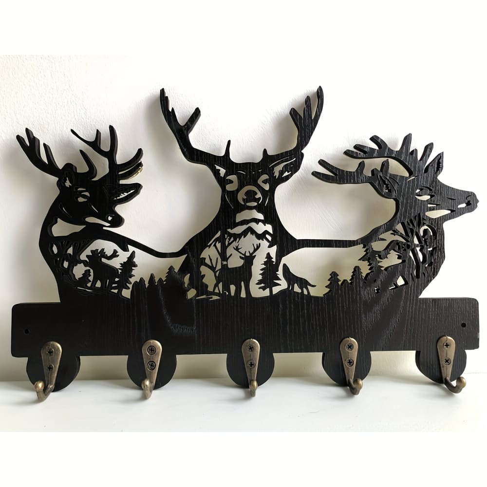TEMU 1pc Deer Key Hooks, Animal Theme Wall Mount Organizer, Wooden Key Holder With 5 Metal Hooks, 19 * 29 * 3cm Black Home Decoration For Storage, Living Room, Hallway, Office