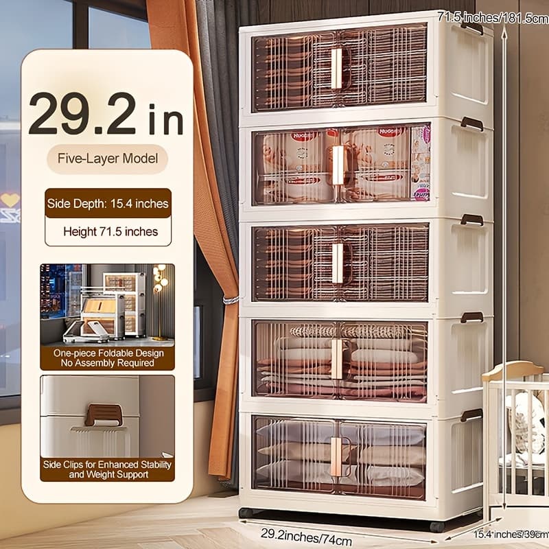 TEMU 5-tier Stackable Plastic Storage Cabinet System - Large Capacity Organizer Bins With Doors & Wheels, Foldable Space-saving Storage Solution For , Easy Assembly For Bedroom, Living Room, Kitchen
