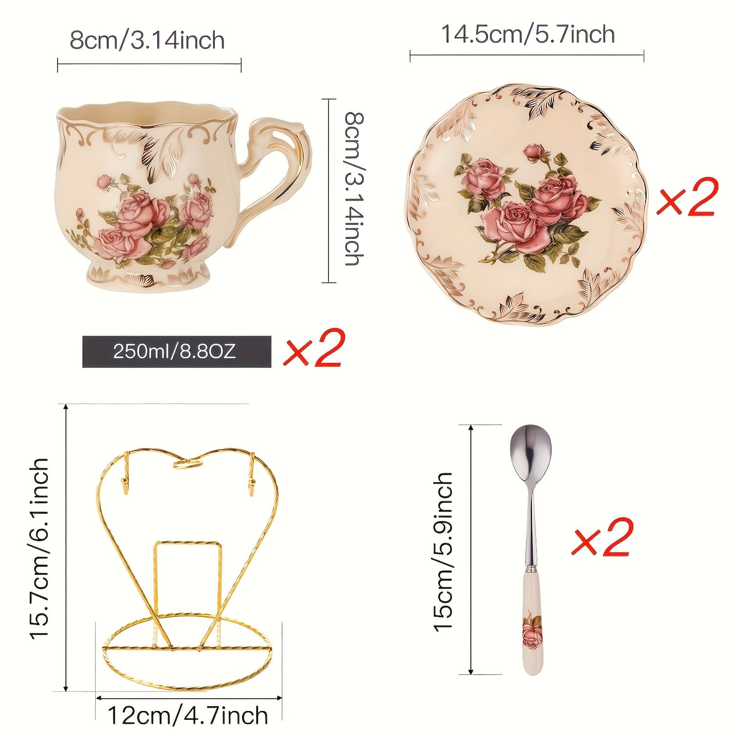 TEMU 2set/6set Tea Cup And Saucer Set, 8 Oz Tea Cup Set, Teacup, Ceramic Tea Cup With Saucer Spoon, Ivory Floral With Trim, Gifts For Women
