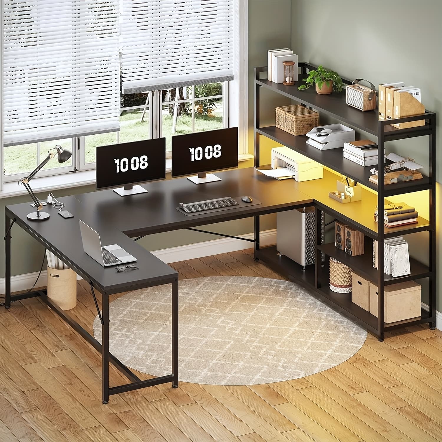 TEMU 63" Reversible U Shaped Office Desk With Led Lights And Storage Shelves, Home Office Computer Desk