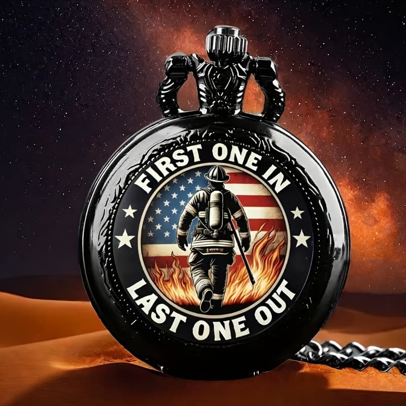 TEMU Round Dial Quartz Pocket Watch With Feature, Featuring A Small Black Chain And A Firefighter Design