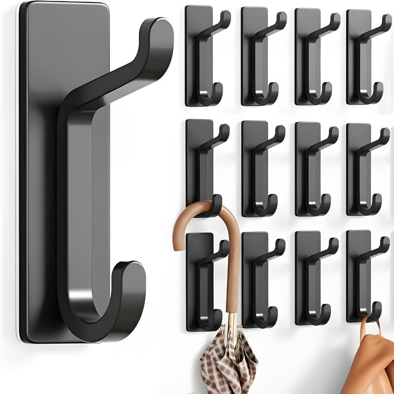 TEMU 12pcs Self-adhesive Hooks, Extra Strong Adhesive Hooks To 6kg, Heavy-duty Wall And Door Hooks For Towels, Coats, Hats, And Wallets In Bathroom, Shower, And Kitchen, Black, 12pcs Set