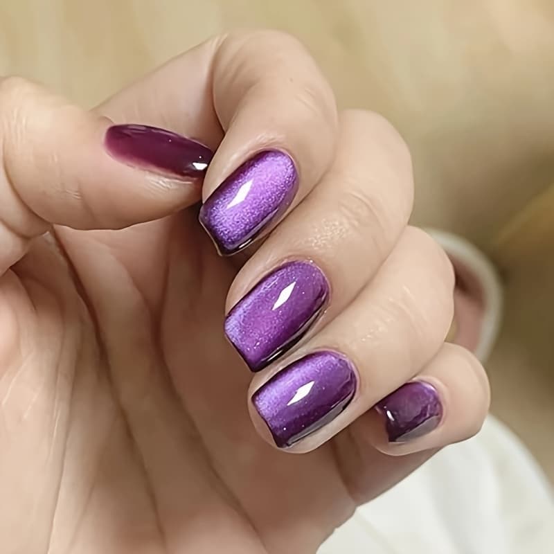 TEMU Glitter Press-on Nails - Medium Square Fake Nails, Purple Cat Eye Glitter Design, Full Coverage, Glossy Acrylic, Reusable, Gradient Solid Color, 24pcs Gift Set