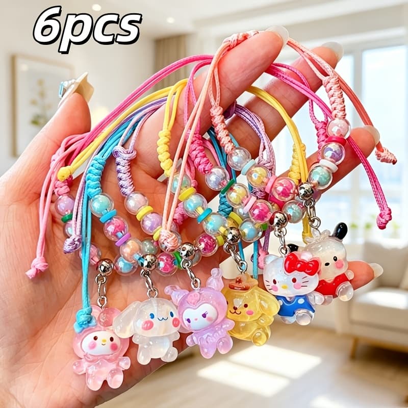 TEMU Gift For Her/him 6pcs Set, Adorable Hello Kitty Woven Bracelets, Anime Beaded Wristbands, Teen Jewelry, Ideal As Holiday Gifts, Includes Kuromi, Pochacco, Pompompurin, Cinnamoroll, And My Melody