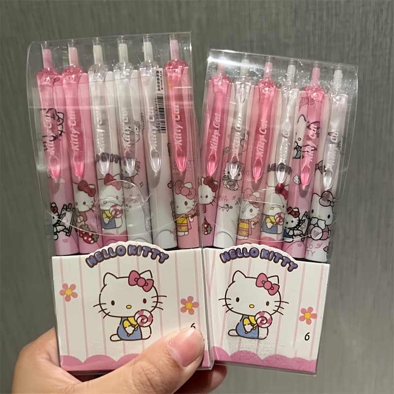 TEMU 6pcs Set 0.55mm Hello Kitty Cinnamoroll Kuromi Melody Neutral Pen Cartoon Cute Push-type Pen School Office Stationery Supplies