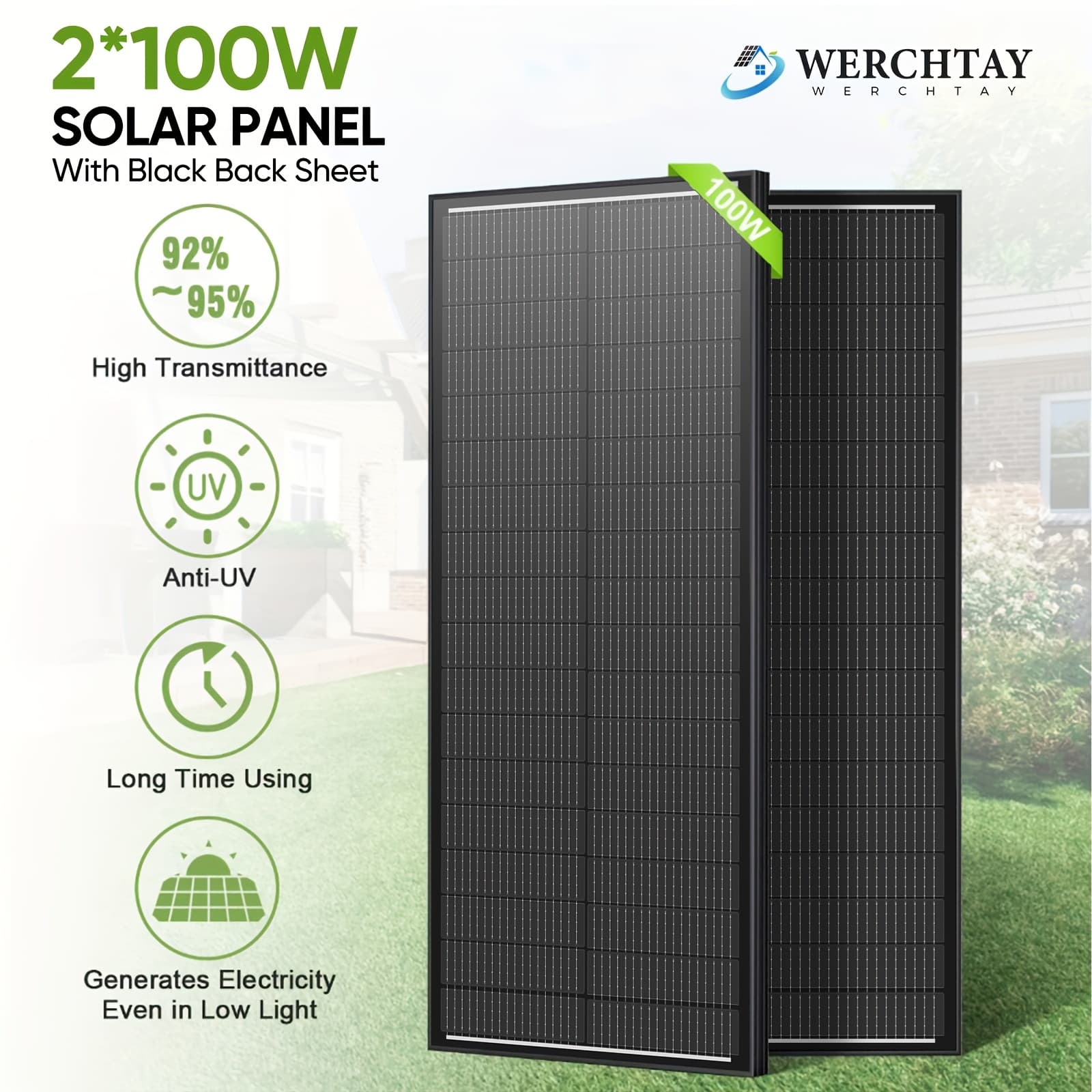 TEMU 2pcs 100w 12v High Efficiency Monocrystalline Solar Panels With Aluminum Frame, 25.5% High Conversion Solar Panel For Rv, Farm, Outdoor Camping, Rooftop, Farm, Battery And Off-grid Applications