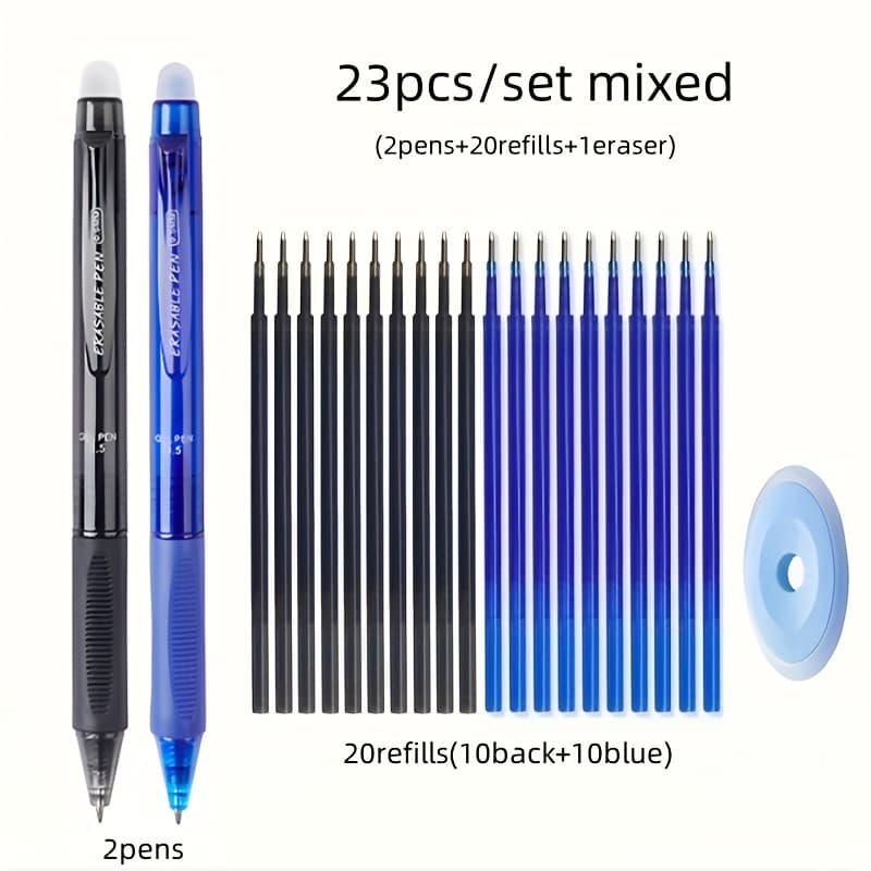 TEMU 23pcs/set Creative Large Capacity Press Erasable Gel Pens Set 0.5mm Black/blue Washable Handle Erasable Refills For Office Painting Writing Stationery Supplies(2pens+20refills+1eraser