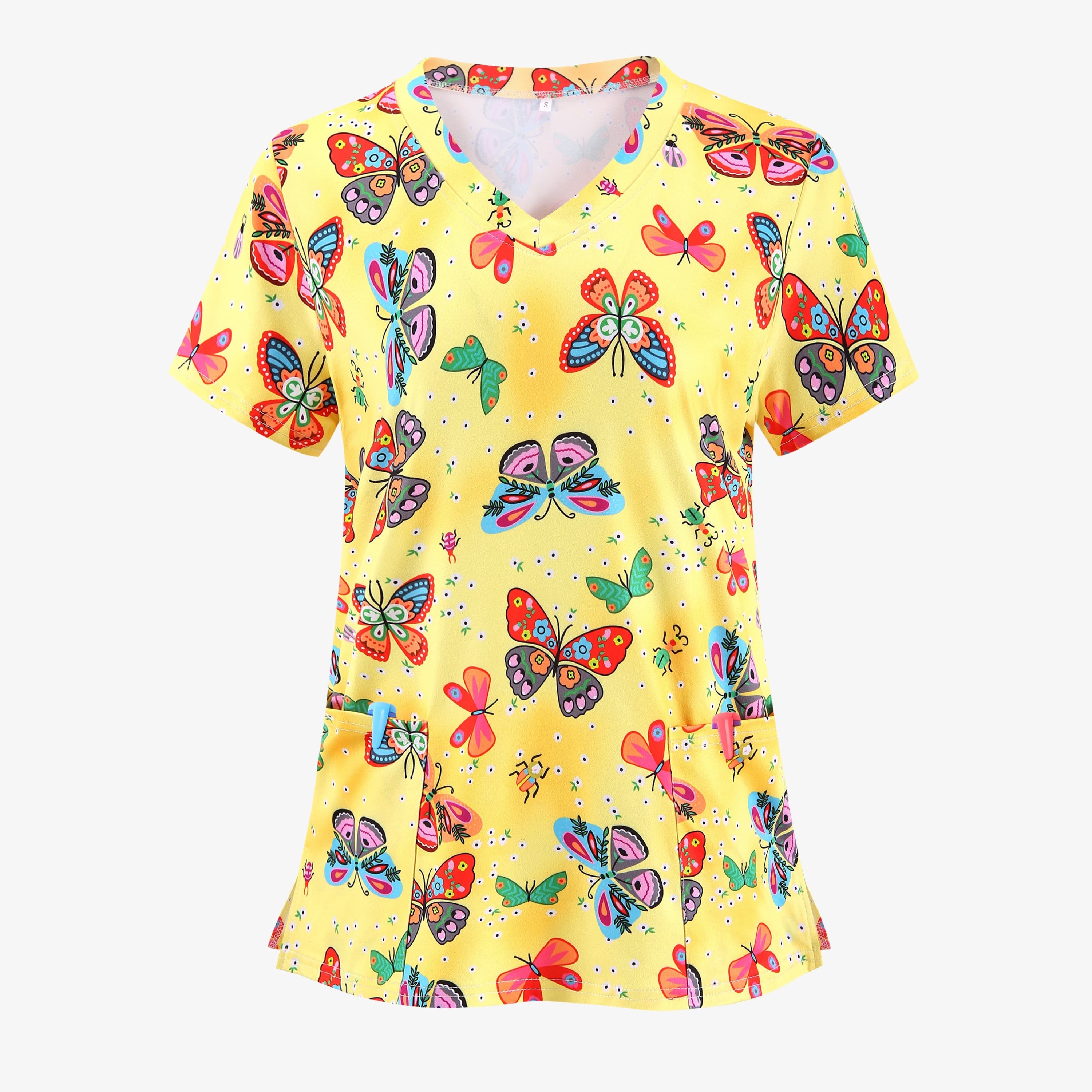 TEMU Colorful Insect Fashion Commuter Digital All- Nurse Style Women's Top, Slit Pocket V-neck Clinic Hospital Women's Workwear Casual T-shirt