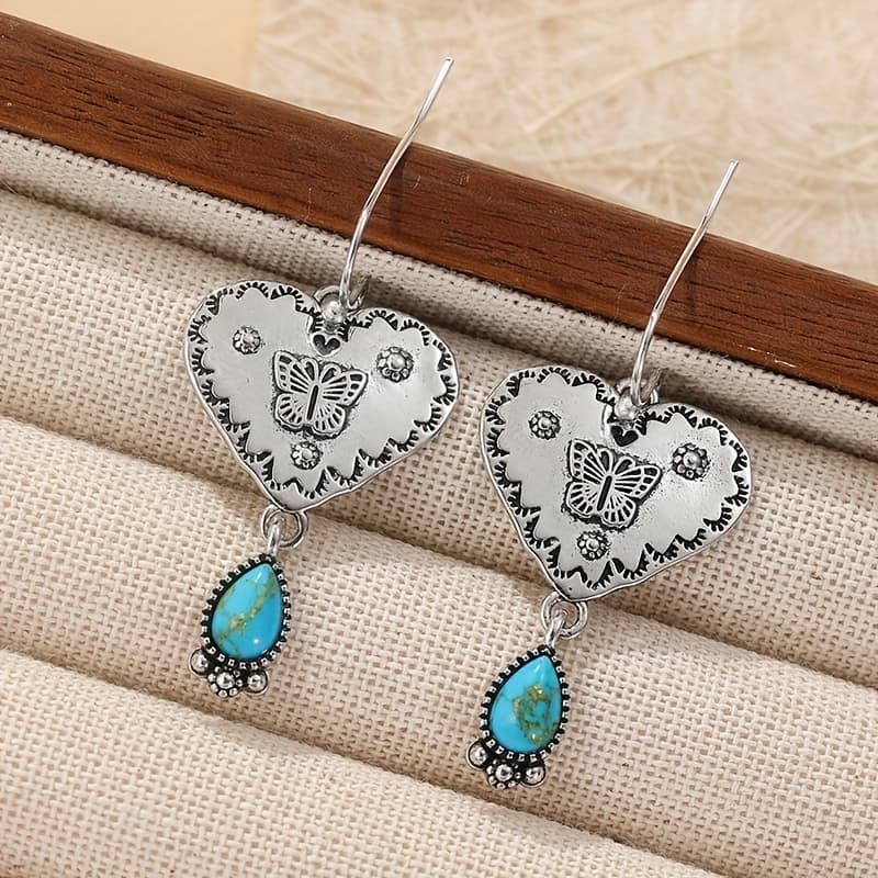 TEMU Artisan Handmade Turquoise Silvery Heart Dangle Earrings Handmade Jewelry.