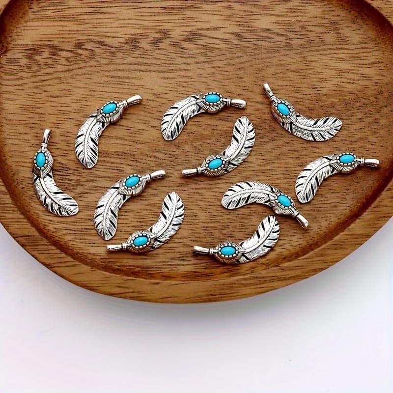 TEMU 10pcs 6pcs Leaf Feather Peacock Charm Alloy Ancient Silvery Leaves Leaf Feather Pendant Making Bracelet Diy Earrings Necklace