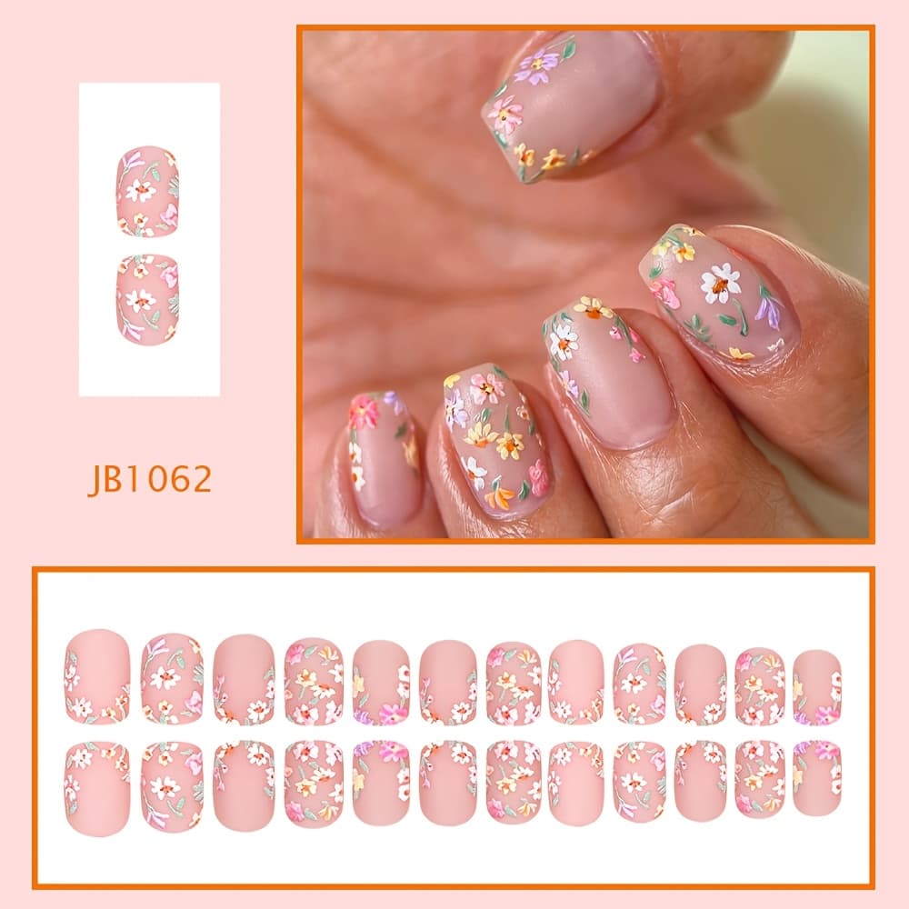 TEMU 24pcs Of Short Square Colorful Flower Press-on Nails, Removable And Wearable