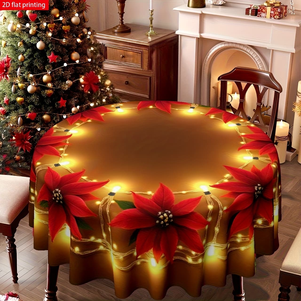 TEMU 1 Festive Christmas Table Cover Featuring Of Red Poinsettias And String Lights - A Golden Polyester Round Tablecloth Suitable For Dining, Office, Or Coffee Table Decoration During The