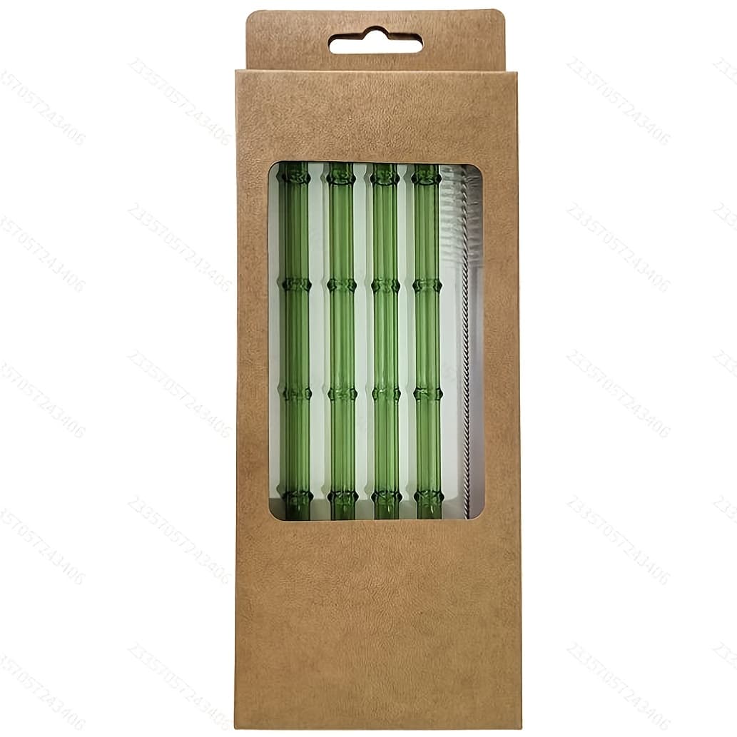 TEMU 4 Bamboo Pattern Borosilicate Glass Straws (with Cleaning Brush) - Reusable, Dishwasher Safe. Suitable For Bubble Tea/ Coffee/ Cocktails. As Party Gifts.