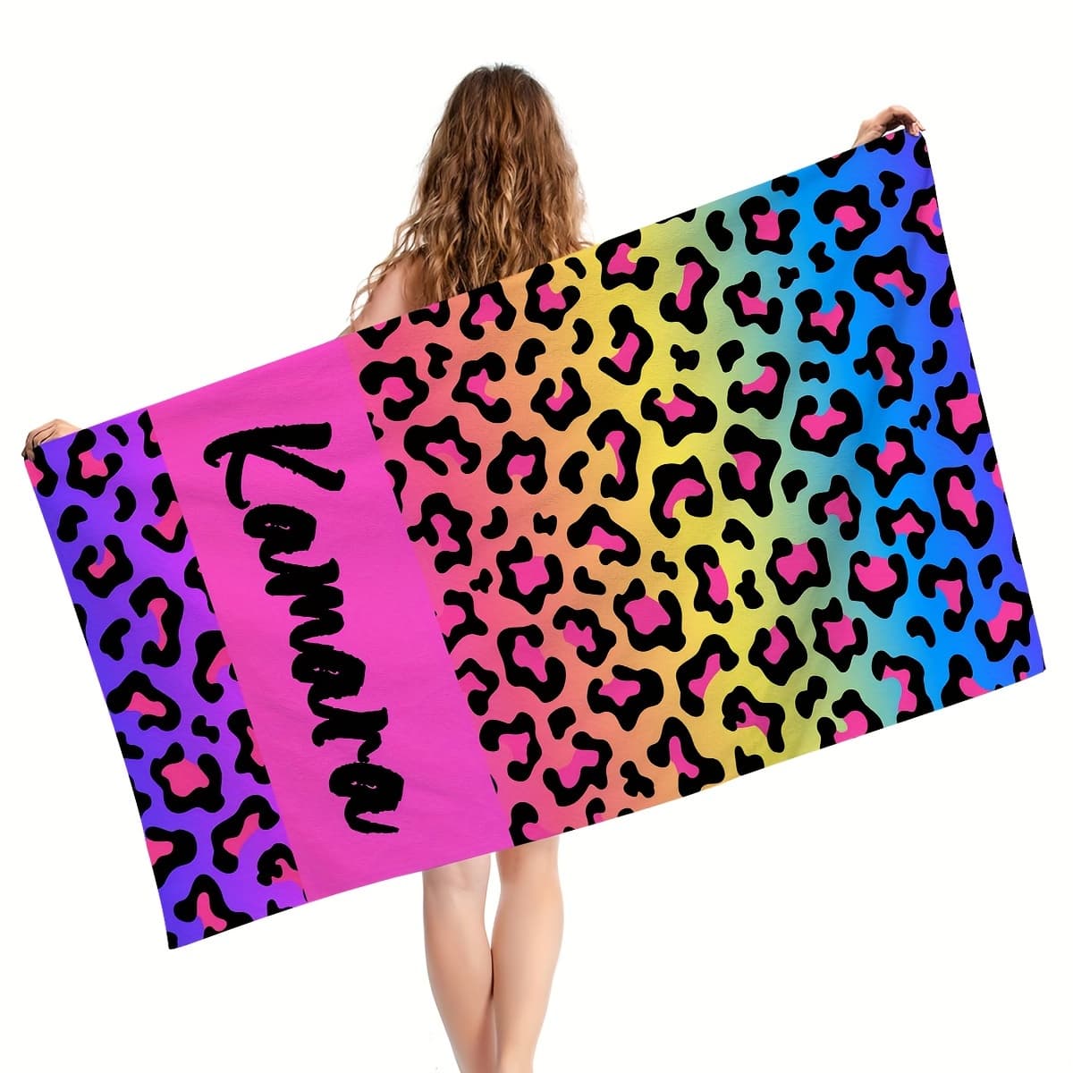 TEMU Custom Leopard Print Beach Towel With Personalized Text, Quick-drying, Soft Microfiber, Essential For Beach, Travel, Camping, Seaside, Swimming Pool, And Beach Bath Towel