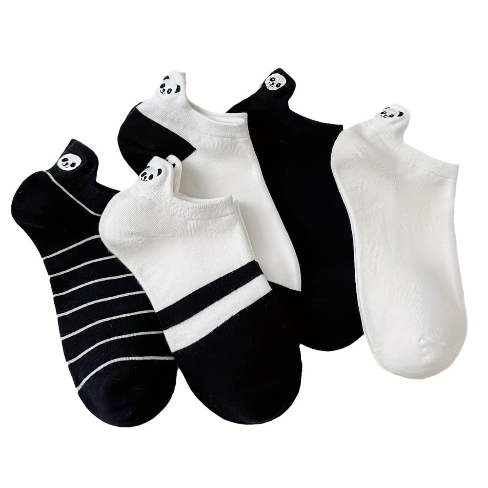 TEMU 5 Pairs Of Comfortable, Breathable, Stylish, And Versatile Black And White Panda Ear Short Socks