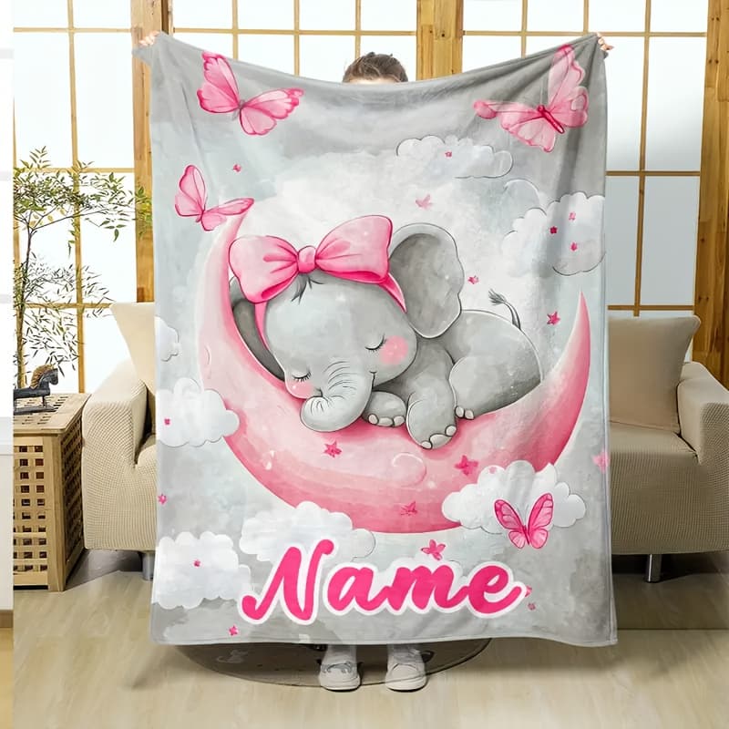 TEMU (custom) Personalized Text Cute Elephant Print Blanket, Comfortable Soft Warm Throw, Nap Blanket, Suitable For Home, Kitchen, Sofa, Camping Casual Blanket