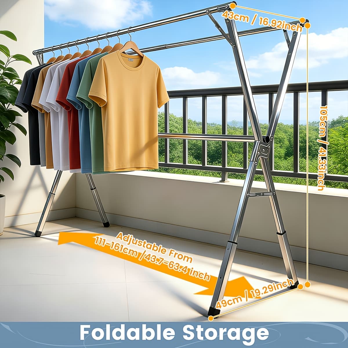 TEMU Foldable Metal Clothes Drying Rack, Adjustable 3 Rod, With Space-saving Storage, For Indoor And Outdoor Use, For Clothes, Blankets And Bedding, Drying Racks, , Drying Racks