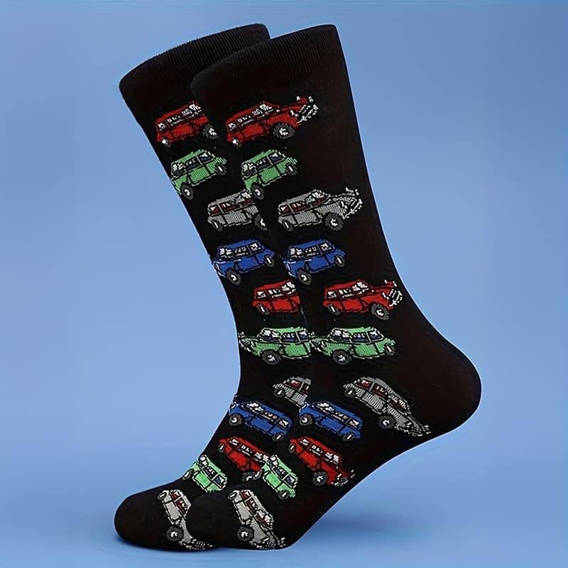 TEMU 1 Pair Of Fun Cartoon Car Crew Socks - Soft Breathable Blend Fabric, Comfy Casual Design, Novelty Pattern For Mens Outdoor Wear All