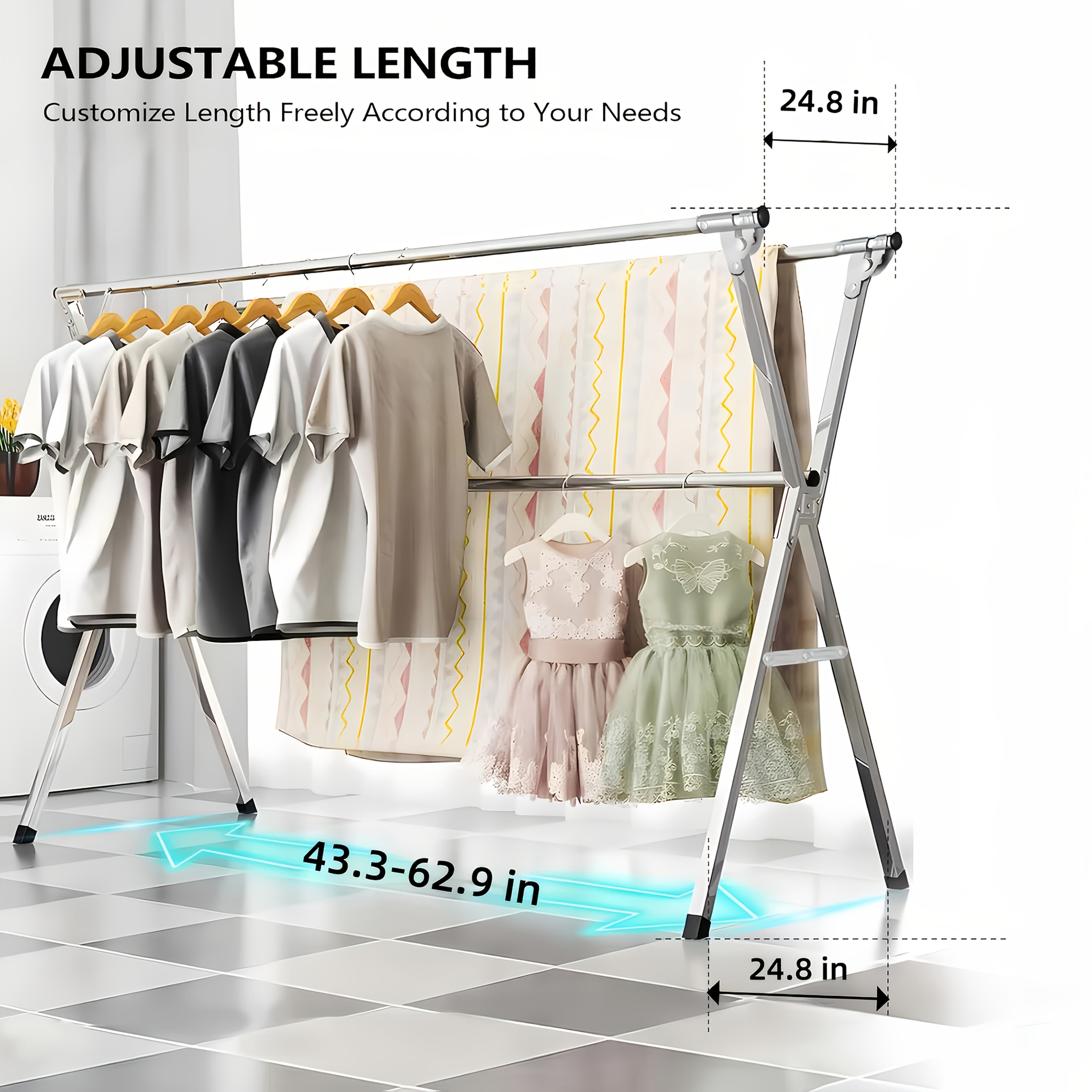 TEMU Foldable Metal Clothes Drying Rack, Adjustable 3 Rod, With Space-saving Storage, For Indoor And Outdoor Use, For Clothes, Blankets And Bedding, Drying Racks