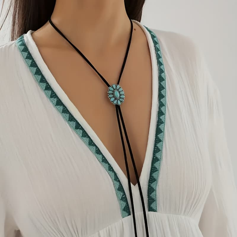 TEMU A Bohemian-style Fashionable And Simple Floral Turquoise Decorative Adjustable Y-line Women's Necklace, Suitable For Daily Wear, Vacations, And Beach