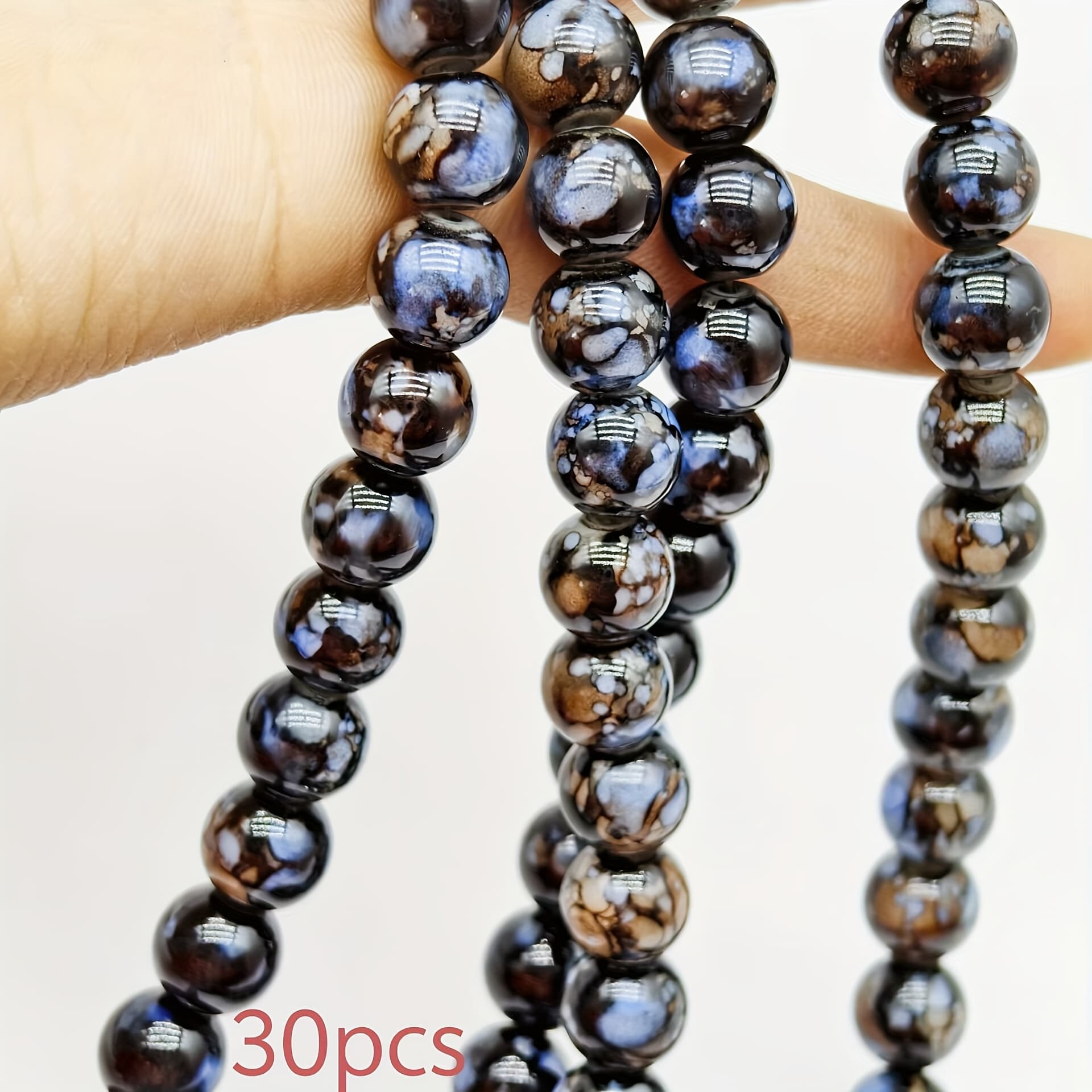 TEMU 30pcs Natural Multicolor 10mm Sky Blue Black Coffee Printed Enamel Glass Beads For Jewelry Making, Diy Necklace Bracelet Earring Accessories