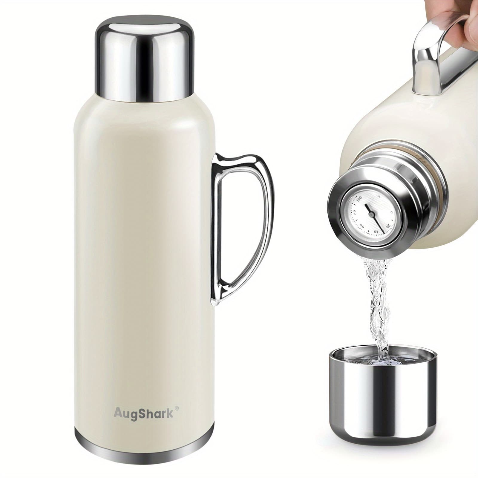 TEMU Augshark Insulated Water Bottle, 34 Oz Double Wall Vacuum Stainless Steel Water Jug With Handle And Metal Mechanical Temperature Measuring Cup Lid, Leakproof Travel Bottle 36h Hot 24h