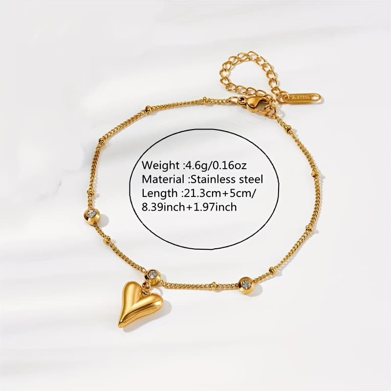 TEMU A French Retro Style Stainless Steel Anklet With Inlaid Glass Decoration And Heart-shaped Pendant Is Suitable For Women To Wear During Vacation And Relaxation