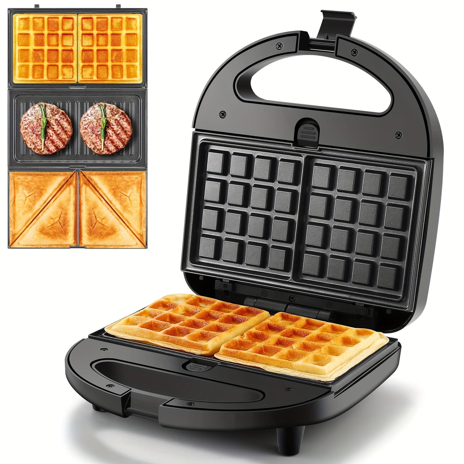 TEMU 3-in-1 Sandwich Maker, & , 750w Toaster With Removable Plates, Perfect For , Sandwiches & Steaks, Black