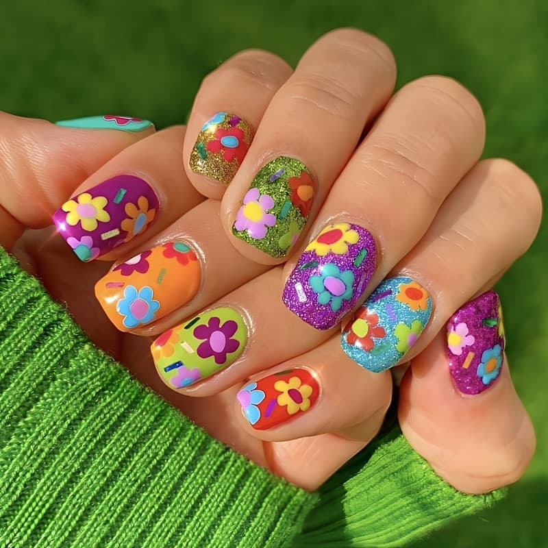 TEMU 24pcs Spring- Contrast Floral Press-on Nails, Glossy Cat-eye Medium-short Fake Nail Set With Floral ; Perfect For Spring Or Summer Parties, Suitable For Women And, Removable And Reusable