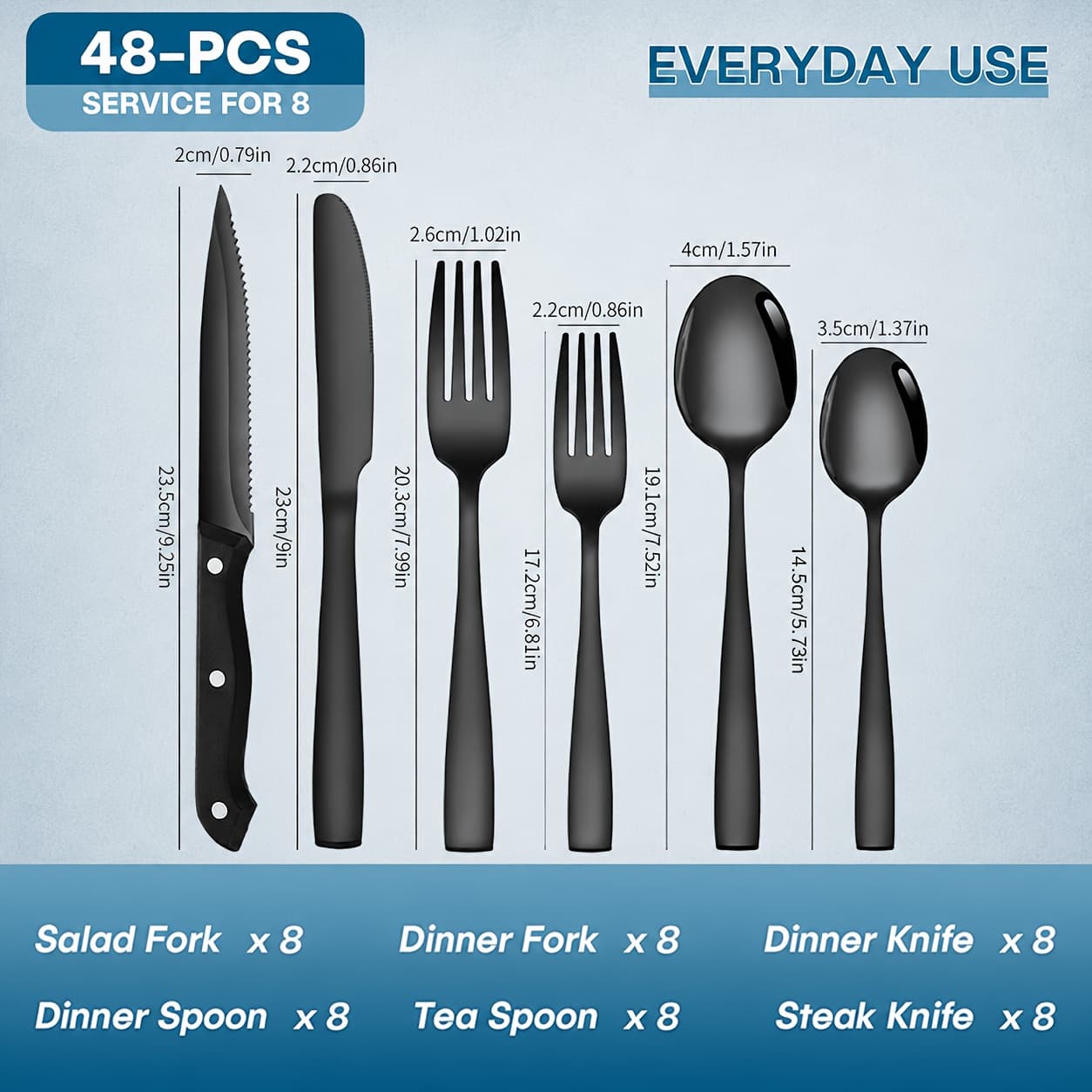 TEMU 48pcs Black Silverware Set With Steak Knives Service For 8, Stainless Steel Flatware Set, Mirror Polished , Home Kitchen Party Eating Tableware Set, Fork Knife Spoon Set, Dishwasher Safe