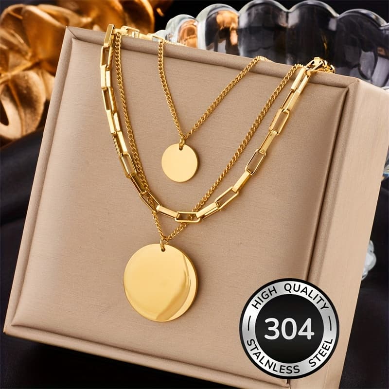TEMU Fashionable And Minimalist 304 Stainless Steel Necklace With Three-layer Chain, Coin Pendant, Party Jewelry Gift Punk Hip-hop Layering