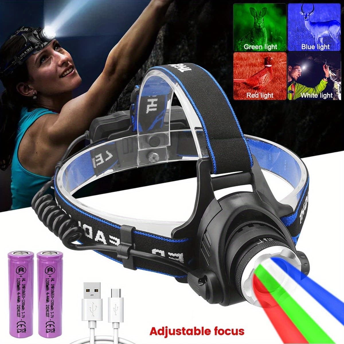 TEMU 4in1 Head Torch Headlamp Red Green White Blue Light Rechargeable Flashlight With 2x 18650 Batteries Hunting Camping