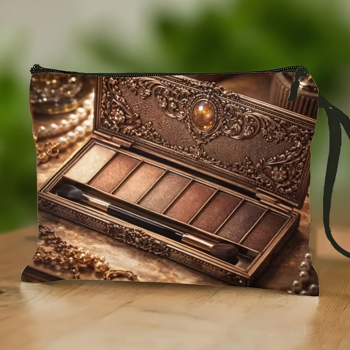TEMU Luxurious Jewelry-themed Bronze Eyeshadow Palette Design Toiletry Bag, Multifunctional Portable Wrist Strap Makeup Pouch, A Storage Essential For Beauty Products