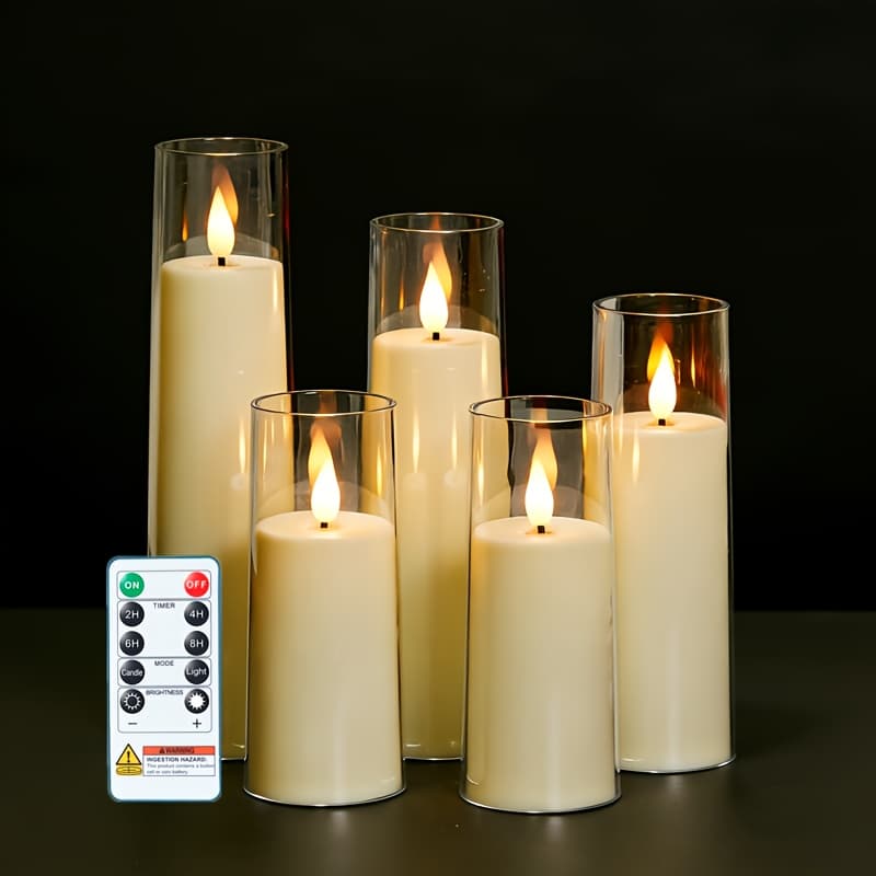 TEMU Flameless Candles Battery Operated, Led Candles With Remote And Timer, Acrylic Flickering Fake Candle For Wedding, Home Decor, , Set Of 5, D2.2 X H5 5" 6" 7" 8"