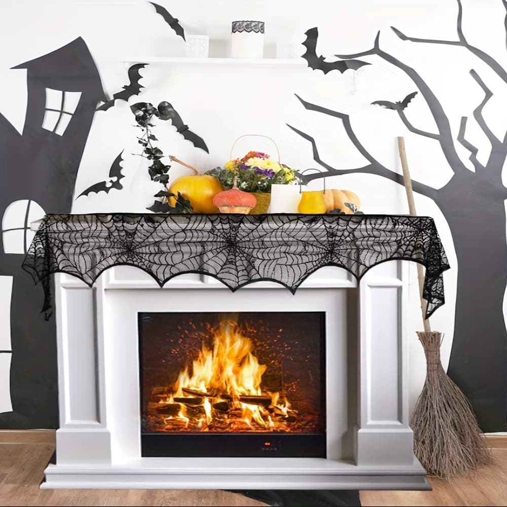 TEMU Christmas Halloween Cobweb Fireplace Scarf, Black Lace Spiderweb Mantle Scarf For Halloween Home Party Supplies Banners