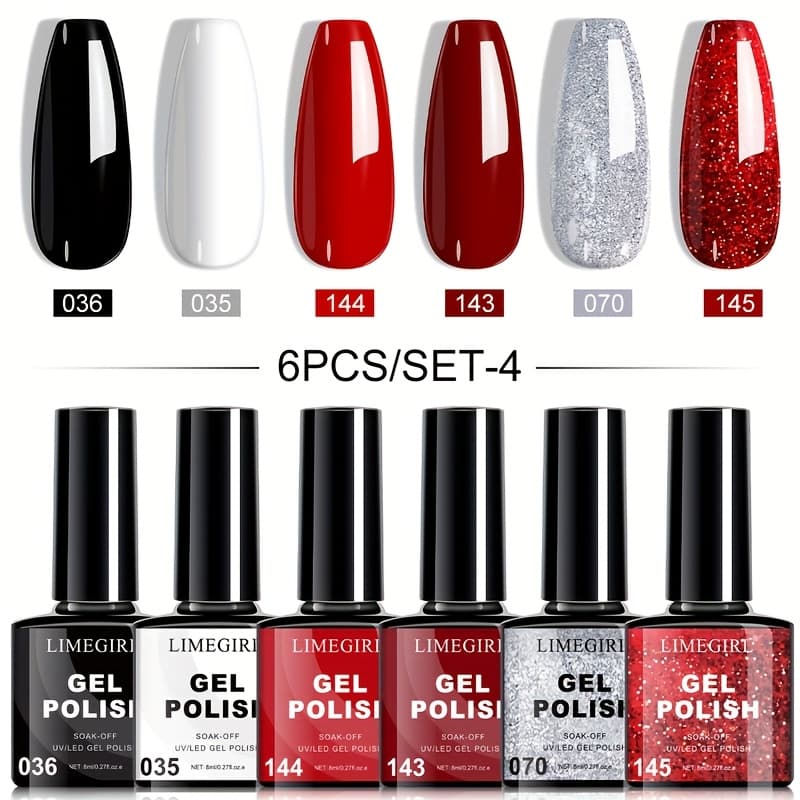 TEMU 6pcs Long-lasting Hypoallergenic Gel Nail Polish Set, Fall/winter Glitter & Solid Colors Soak-off Gel, For Christmas Gifting & Nail Lovers Self-use, - Diy Nail Art Kit