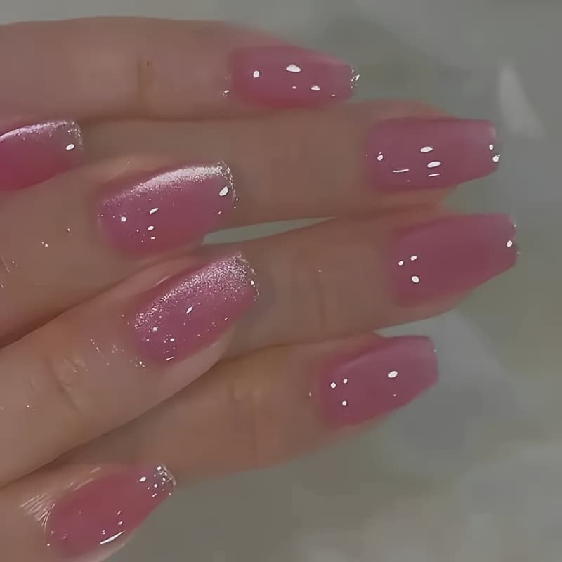 TEMU 24pcs Medium Size Pink Cat Eye Press-on Nails, False Nail Stickers For Women