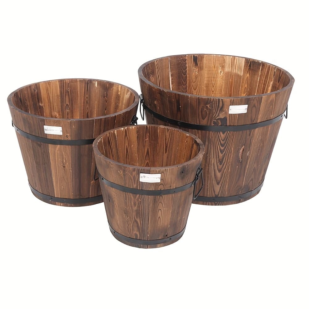 TEMU 3pcs Bonnlo Planter Set Suitable For Garden, - / Painted Rustic Outdoor/ With Drainage Holes, Containers For Bonsai, , Herbs, Decor ( Wood Grain) Gardening Gift,home Decor