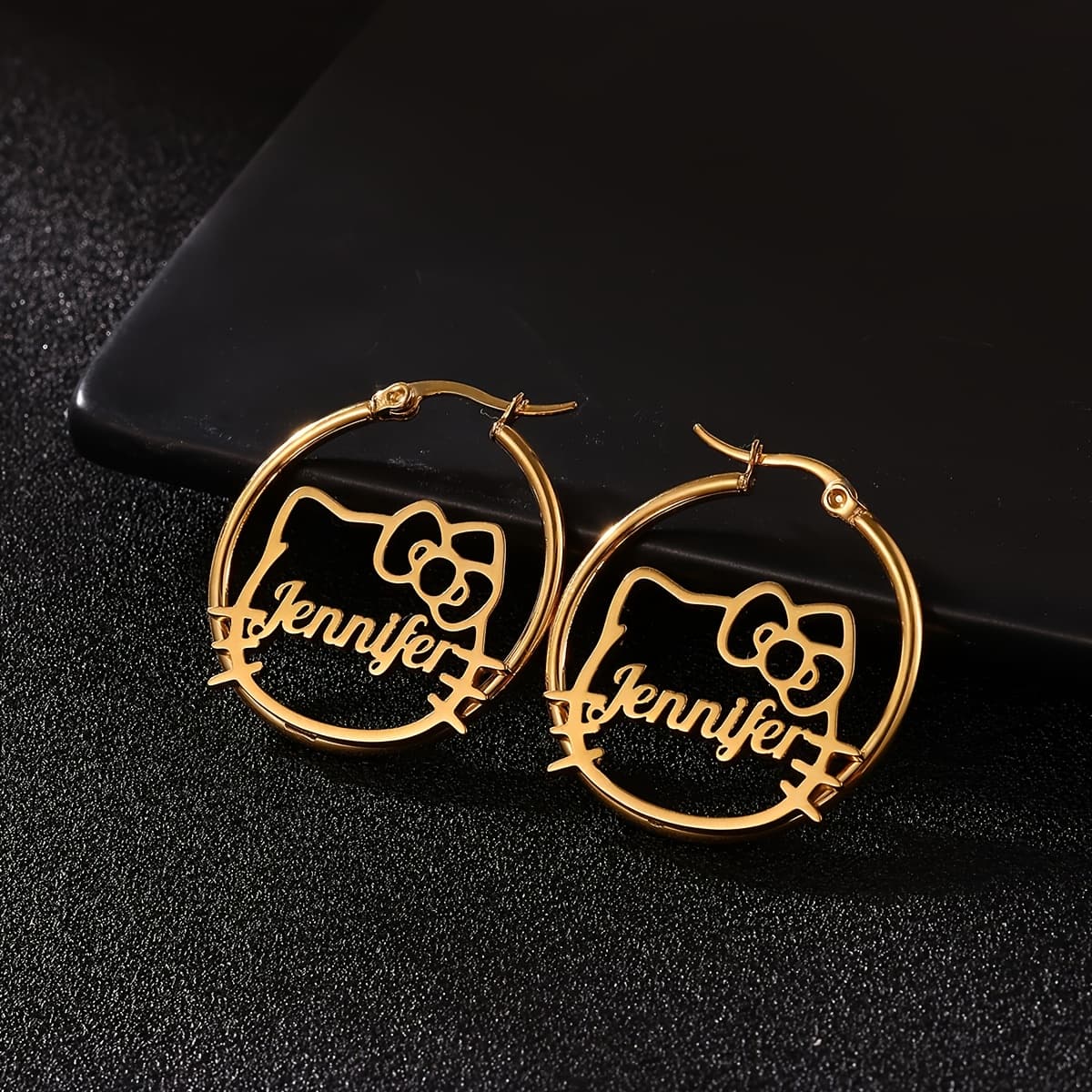 TEMU Personalized Stainless Steel Hello Kitty Earrings With Custom Name/initials/date - Add Your Own Text - Cute Personalized Jewelry Gift Suitable For Birthdays, For Her, &