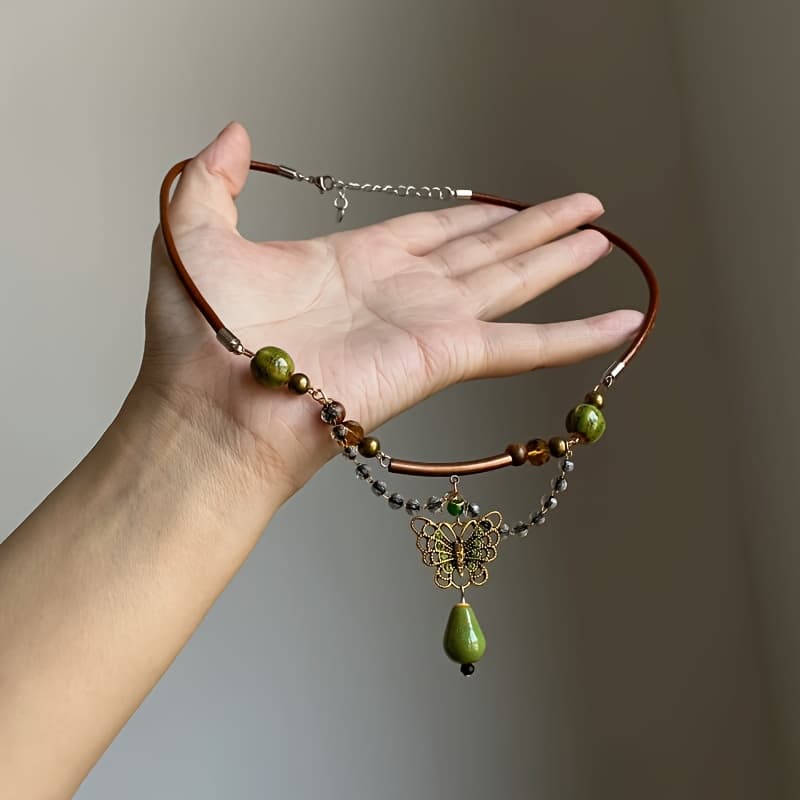 TEMU A Vintage Exquisite Bohemian Style Glass Openwork Teardrop Pendant Necklace